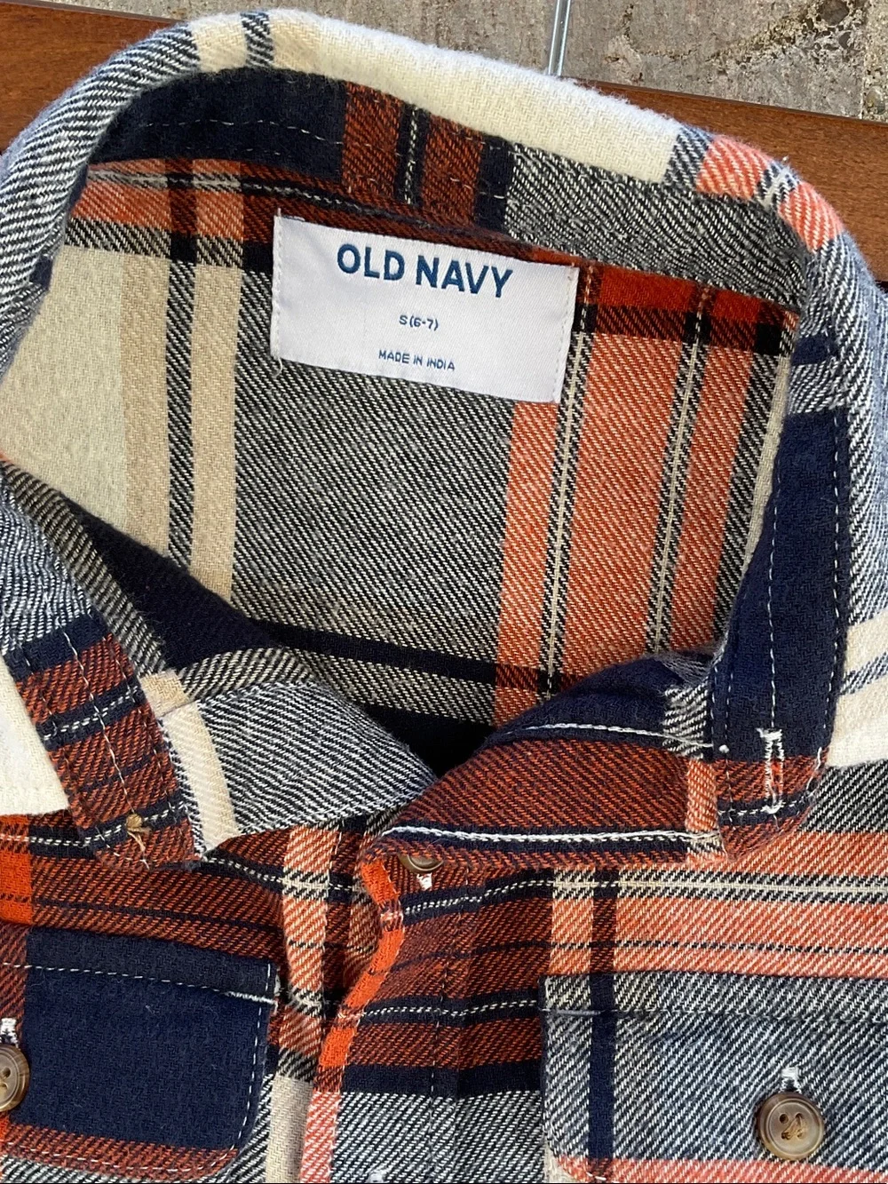 Take 50% OFF- Old Navy Boys Navy, Rust & Cream Plaid Button-Down Shirt,Size-6